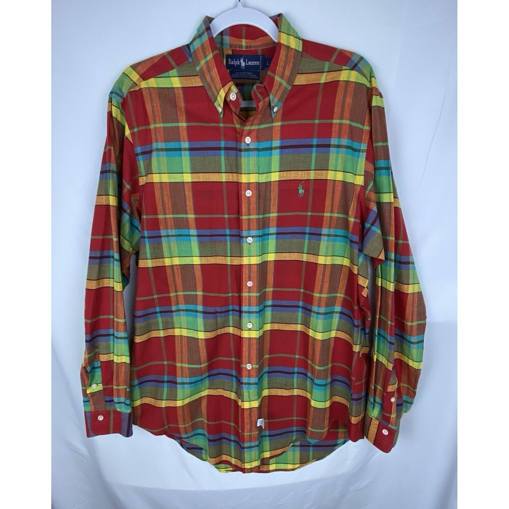 VTG Ralph Lauren Indian Madras Shirt Mens L‎ Hand Woven Plaid Button Down Preppy